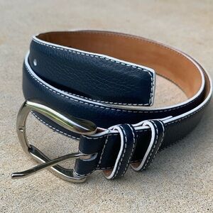 Bobby Jones Navy White Pebbled Leather Belt size 36 Brass Buckle Italy